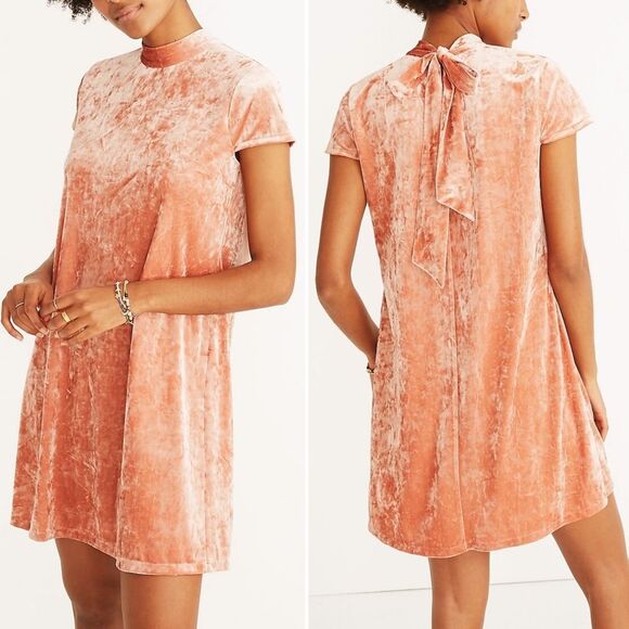 Madewell Crushed Velvet Mockneck Tie Neck Shift Dress Peach Pink Size Small - Picture 3 of 15